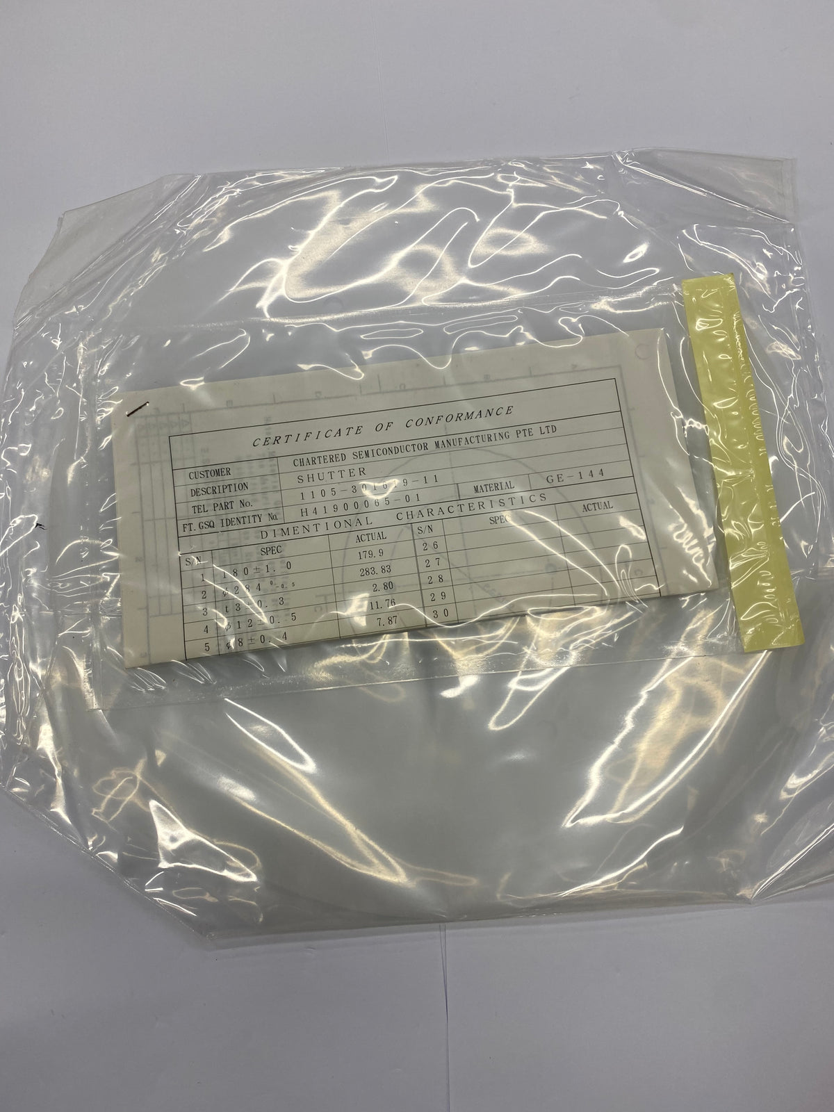 TOKYO ELECTRON (TEL) SEMICONDUCTOR EQUIPMENT SHUTTER, TEL P/N 1105-30169-11, FERROTEC/GSG ID H410005-01, MATERIAL GE-144