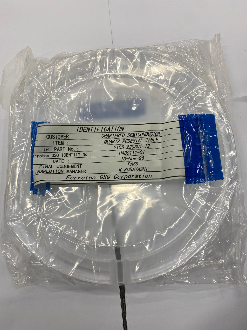Ferrotec GSG High-Purity Quartz Pedestal Table, Tokyo Electron TEL P/N 2105-203012-12, Ferrotec ID H480111-01, Old P/N 2MSTEL-1810