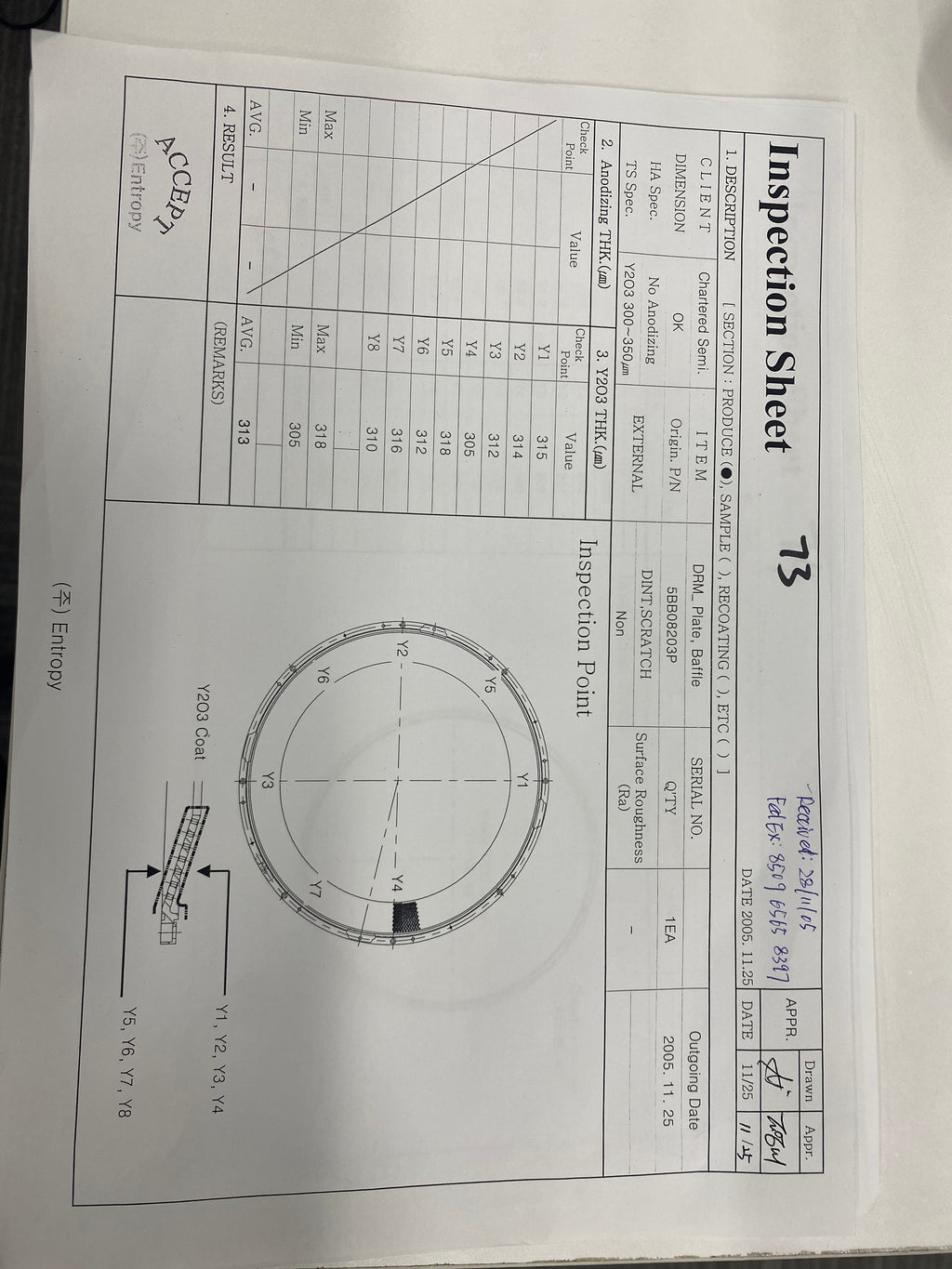 5BB08203P DRM Plate Baffle Y2003 Coated Semiconductor Equipment Part
