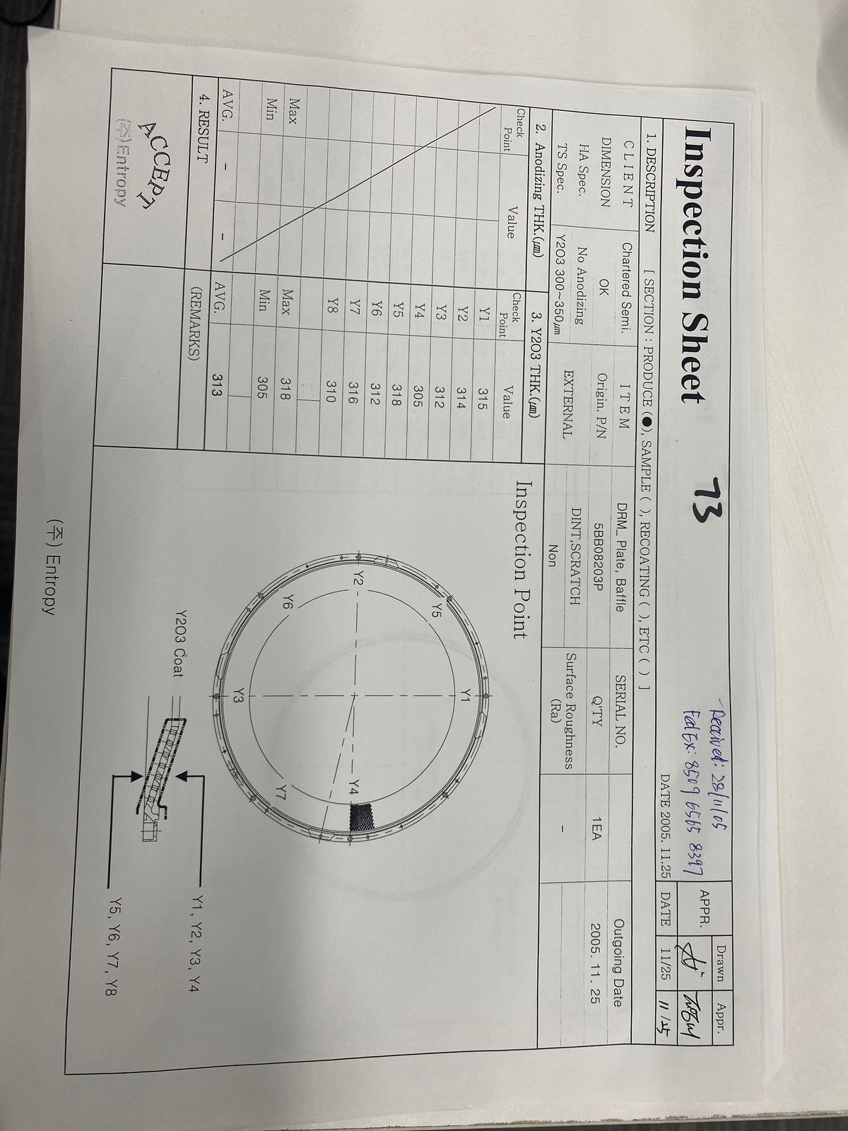 5BB08203P DRM Plate Baffle Y2003 Coated Semiconductor Equipment Part