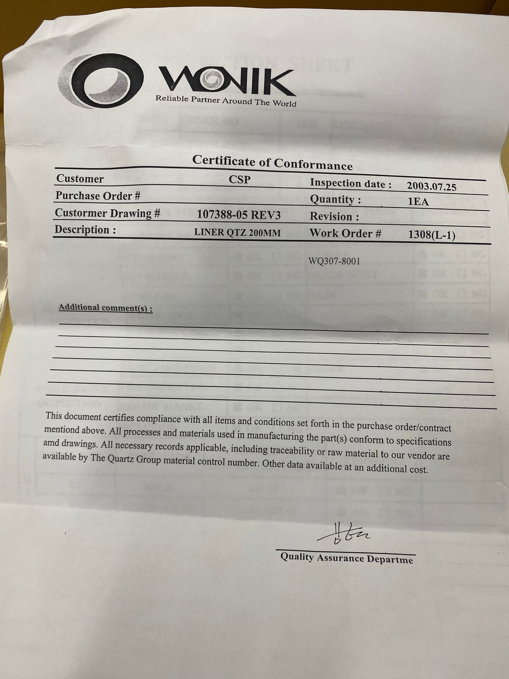 Wonik Corporation CSP-107388-05 REV3 / 2MSSVG-0065 200mm Liner